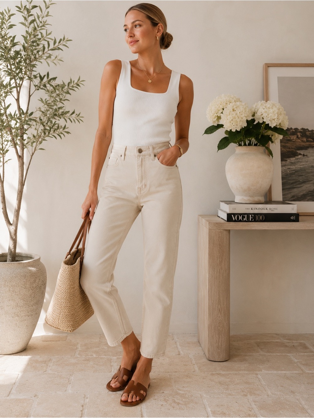 DKNY Neutral Beige Straight-Leg Jeans